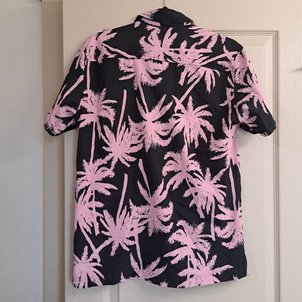 GOOD VIBES SHORT SLEEVE HAWAIIAN SHIRT MENS SMALL STRETCH BUTTON UP BLACK PINK - Picture 4 of 4